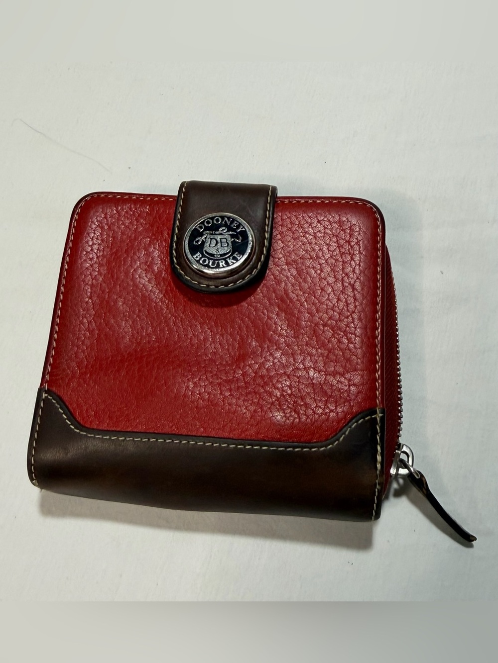 Vintage Dooney & Bourke Red Leather Wallet with Brown Trim and Logo Snap